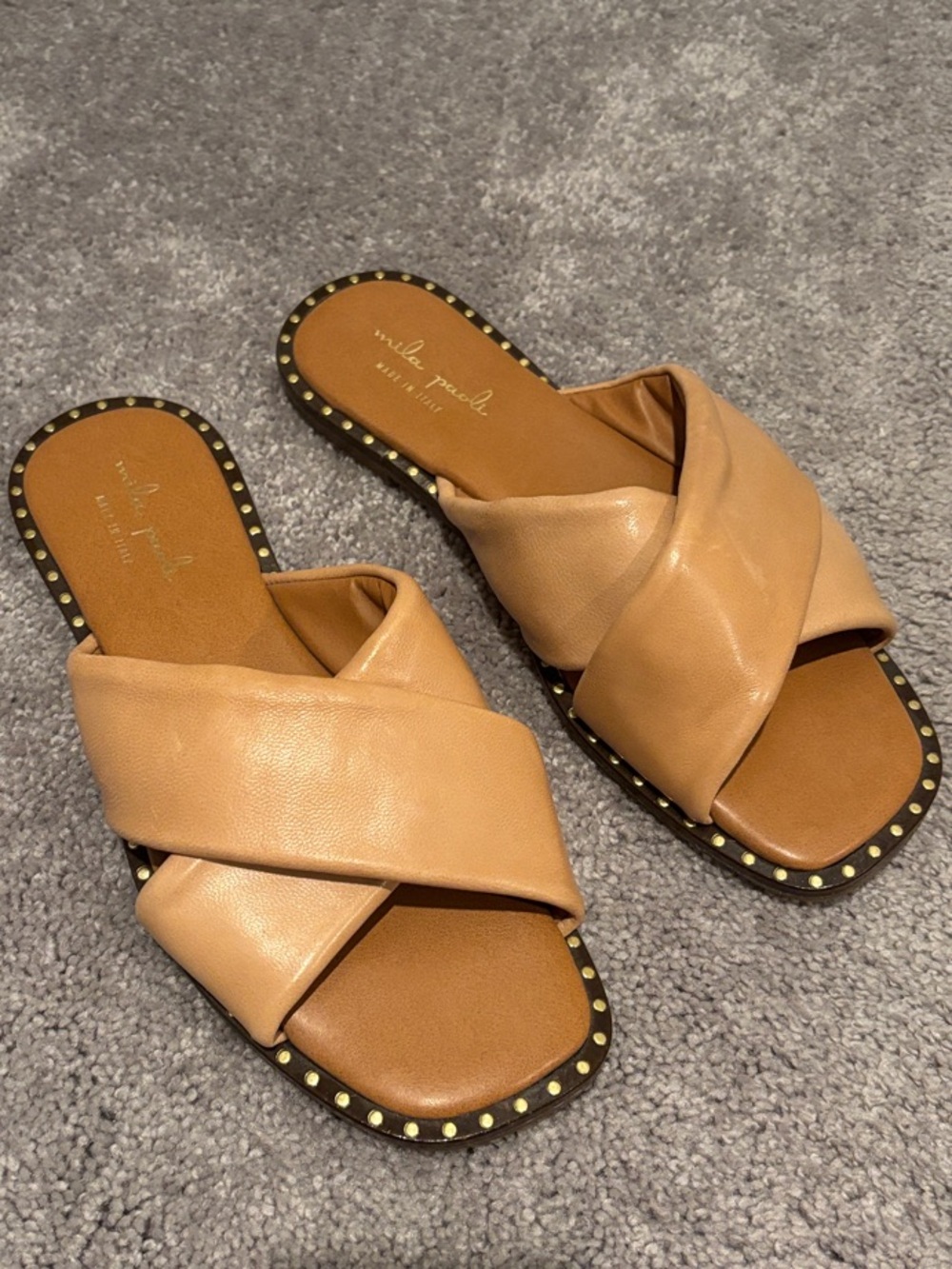 Mila Paoli Tan Crisscross Stud-Trim Slide Sandals